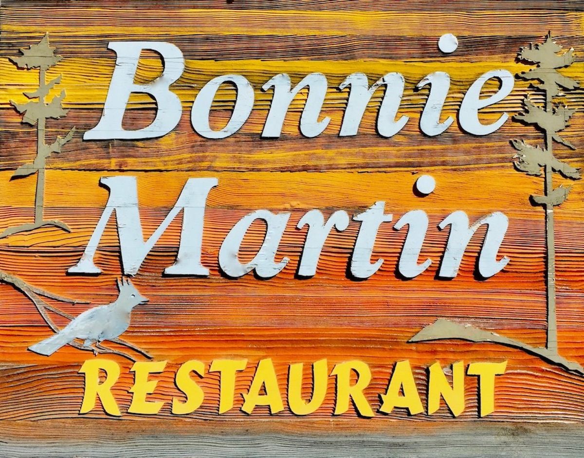 The carved wooden Bonnie Martin Restaurant sign